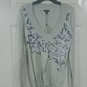 EXPRESS LONG SLEEVE GRAY V NECK SWEATER SZ M SILVER SEQUIN